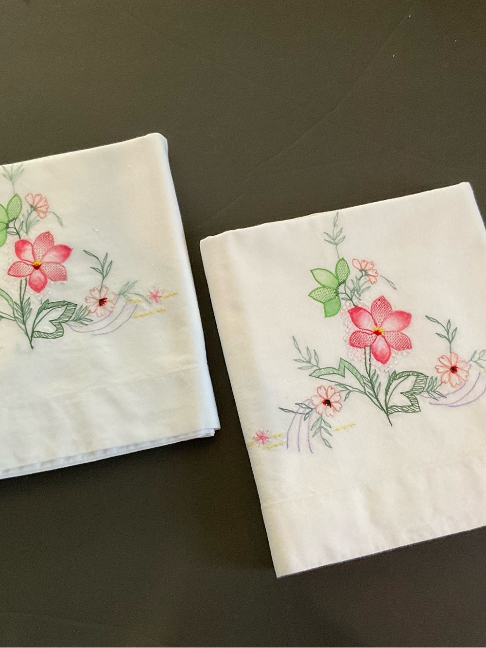 Source Unknown White Pillowcases with Pink Floral Embroidery and Green Leaves